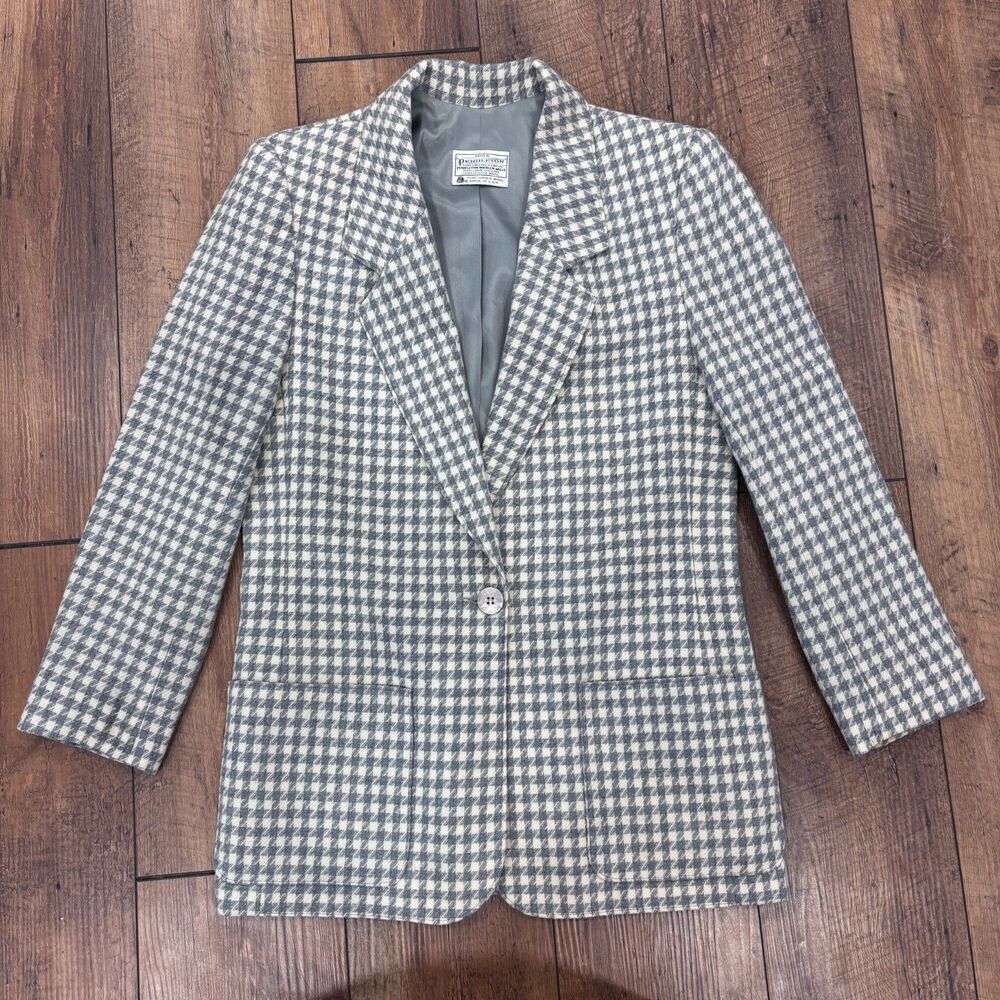 VTG Miss Pendleton Virgin Wool Blazer Jacket Blue & White Houndstooth Vintage 8